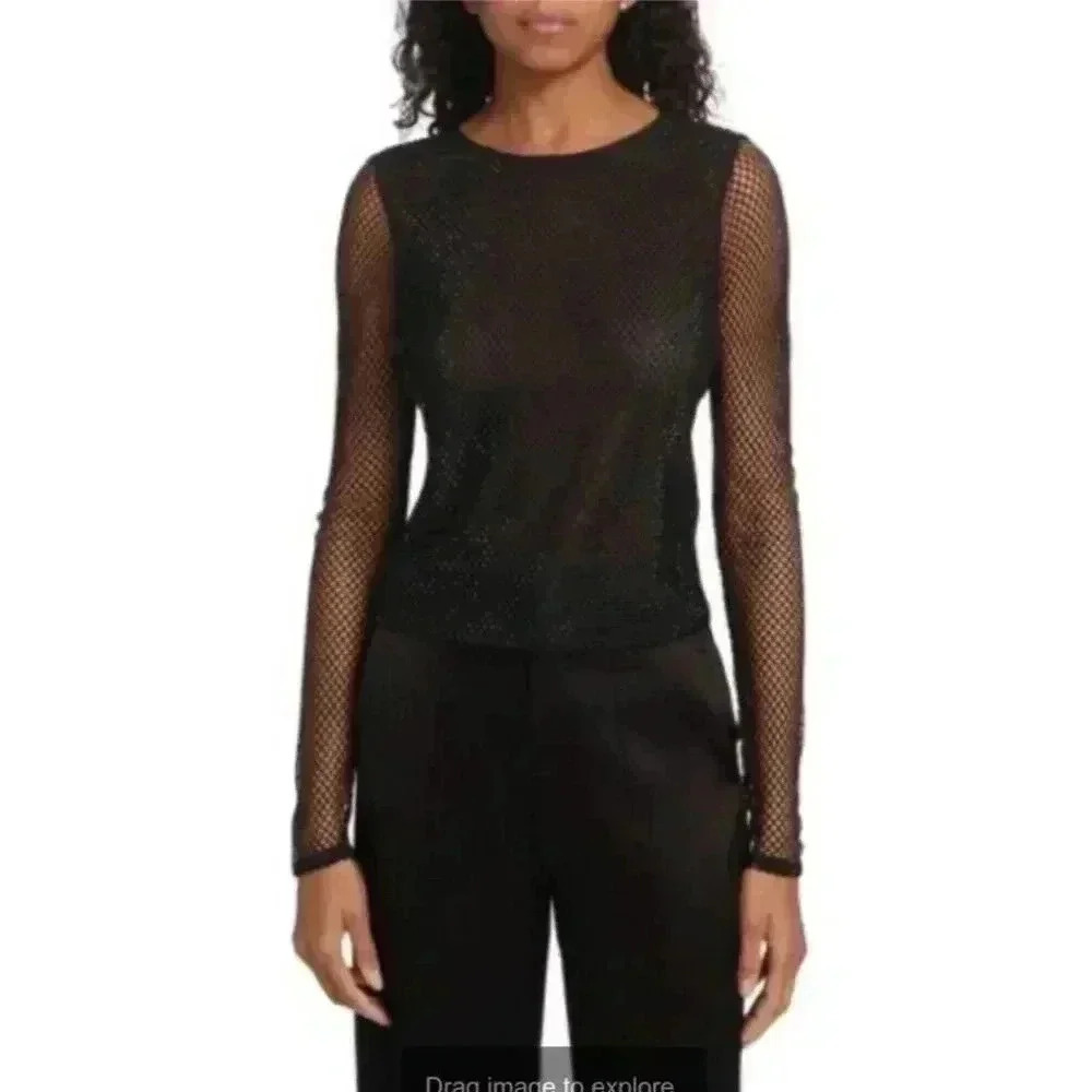 Alice + Olivia Black Delania Sequin Cropped Top Long Sleeve Blouse Size S/M